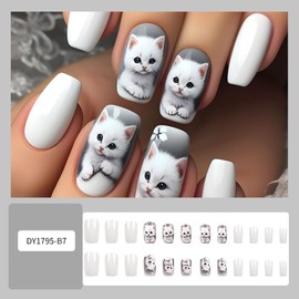 White Press on Nails Medium Square Cute Cat Cat Press on Nails Cute Cat False Nails with Cute Design Flower Fake Nails Glossy Stick on Nails for Women and Young Girl Manicure Art 24Pcs
