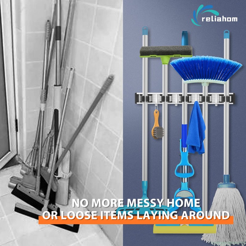 reliahom 2 Pack Broom Holder Mop Hanger Wall Mount Metal