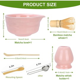 Juego de 6 Batidor de Matcha y Tazón,Kit de Té Matcha Tradicional,Set Premium con Agitador de Bambú,Chasen,Cuchara Medidora,Tazón Chawan y Tamiz Inoxidable,Accesorios Completos para Ceremonia,Rosa