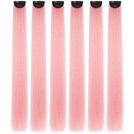 HJPJHTM Colored Hair Extensions, 6pcs Party Highlights Clip in Hair Extensions for Girls, 22" Long Straight Thick Synthetic Hairpieces, Light Pink