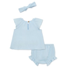 Little Me Clothes for Baby Girls' Border Gauze Sunsuit with Headband, Ice Water Blue, 3 Months