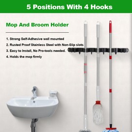 voze 5 Racks and 4 Hooks Mop and Broom Holder Wall Mount, Self Adhesive Heavy Duty Broom Hanger Organizer Storage Tool Racks for Kitchen Garden Laundry Garage Black