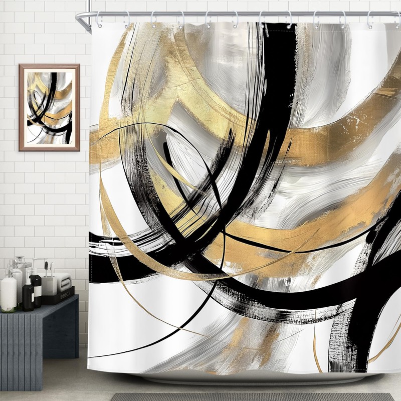 Riyidecor Black Gold Abstract Shower Curtain 72Wx72H Inch Modern Graffiti