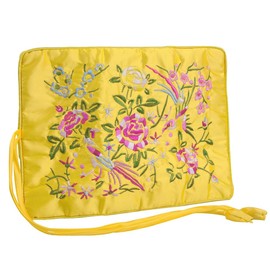 KYEYGWO Chinese Embroidery Travel Jewelry Roll with Flowers and Bird Embroidery, Jewelry Organizer Portable Hand Roll Bag Jewelry Bag for Necklace Ring Bracelet Storage, Yellow