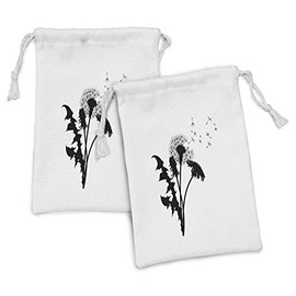 Ambesonne Flower Fabric Pouch Set of 2, Monochromatic Illustration of Dandelion and Flying on Plain Backdrop, Small Drawstring Bag for Toiletries Masks and Favors, 9" x 6", White Charcoal Grey