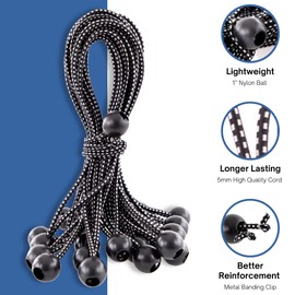 Kotap BB-11B Ball Bungee Cord, Heavy-Duty & Versatile, Indoor & Outdoor, Tarp Tie-Down, Organize & Secure, 11-Inch, Black, (50 Pack)