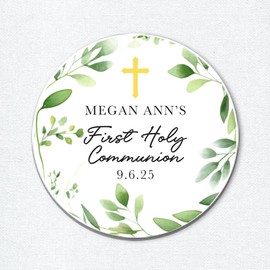 First Holy Communion Stickers, Custom Baptism or Christening Labels, Greenery God Bless Stickers, Thank You Labels for Favor Gift Bags, Port of Reverie Company (Greenery)
