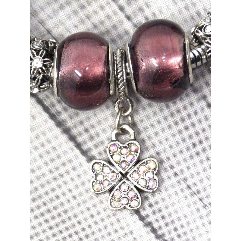 Purple Charms Bracelet for Women Stainless Steel with Clover Pendant