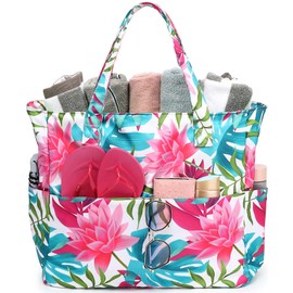 LEDAOU Large Beach Bag with Zip Women's Waterproof Shoulder Bag Tote Bag Shopper Sandproof with Zip Pool Fitness Travel Bag Family, lotus, Contemporary