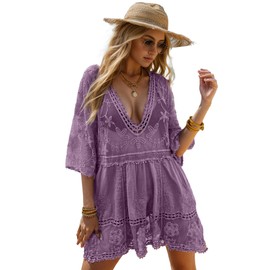 Moss Rose Women's Lace Bathing Suit Cover Up V-Neck Coverups Swimwear Swimsuit Swim Beach Dress Beachwear Purple