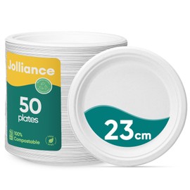Jollliance 100% Compostable Paper Plates, Heavy Duty Disposable Plates 9 Inches/23 cm, Pack of 50 - Made from Sugar Cane Bagasse Fibre, White Disposable Plates, Biodegradable