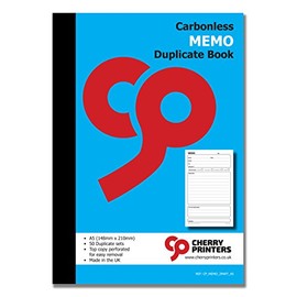 Cherry Carbonless Memo Duplicate Book | A5 (148mm x 210mm) | 50 Perforated Sets | Made in The UK