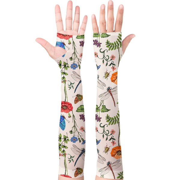 Minxiang Dragonfly Floral Gardening Sleeves Sun Protection Cooling Sleeves for Women Men Sun Protection Vintage Arm Sleeve to Covers with Thumb Hole