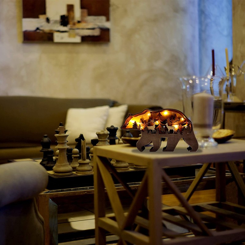 Zagxuade Wooden Brown Bear Decor with Light, Forest Animals Table