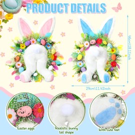 Zeyune 2 Pcs 18.1"x 11.4" Easter Bunny Wreath with Colorful Eggs Artificial Easter Wreath Mixed Flowers Green Leaves Hanging Bunny Shaped Wreath with Straw Hat and Bow for Front Door Wall (Bunny Tail)
