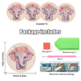 4 Pcs Diamond Painting Creative Coasters DIY Animal Elephant Diamond Art Coasters Diamond Painting Kits Diamond Non Slip Coaster for Beginners Adults Home Dining Decors Art Crafts