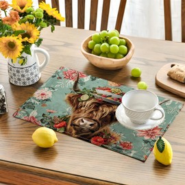 Highland Cow Placemats Set of 4 Farmhouse Flower Cattle Fruits Placemats Funny Animal Table Mats Wildlife Farmhouse Cow Place Mats for Party Kitchen Dining Decoration 4 PCS