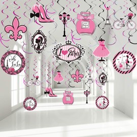 30 Pieces Paris Party Decorations, Pink Paris Party Hanging Swirl Ooh La La Eiffel Tower Sign Foil Ceiling Streamers Decor for Paris Birthday Theme Party Girl Party Baby Shower Supplies