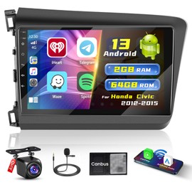 [2+64G] Hikity Android 13 Car Stereo for Honda Civic Radio 2012-2015 with Wireless CarPlay Android Auto, 9'' Touch Screen Radio with GPS/HiFi/WiFi/Bluetooth/FM/RDS/SWC, Backup Camera, MIC