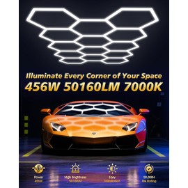 EUPLONG Hexagon Garage Lights,14 Grids LED Hexagon Light,456W 50160LM 7000K Honeycomb Lights for Garage,Car Detailing Shop, Basement,Warehouse