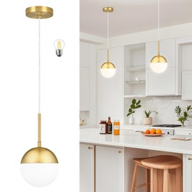 Mccokaige 6 Inch Gold Mid Century Modern Pendant Light Pendants for Kitchen Island Frosted Milky White Glass Globe Height-Adjustable Modern Hanging Globe Pendant Light for Bedroom Foyer (Bulb Incl)