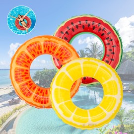 Pukitt Pack of 3 Inflatable Swimming Rings with Summer Fruit Painting, Orange, Lemon and Watermelon Swimming Ring Adults, 90 cm Transparent Floating Ring for Summer Pool Party