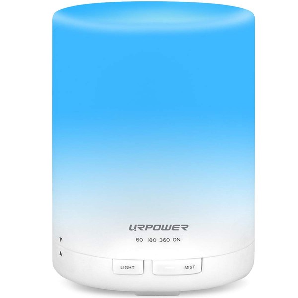 URPOWER 2nd Gen 300ml Aroma Essential Oil Diffuser Night Light Ultrasonic Air Humidifier with AUTO Shut off and 6-7 HOURS Continuous Diffusing - 7 Color Changing LED Lights and 4 Timer Settings