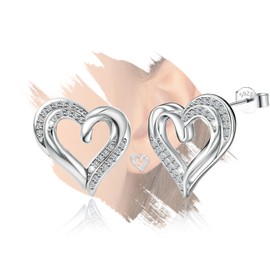 Sterling Silver Double Heart Stud Earrings for Women Hypoallergenic Cubic Zirconia Love Heart-Shaped Post Earrings for Lady Classic Jewelry Gifts for Her Wife Mother Friend