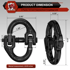 AMBULL 2 Pack 1/2" Safety Chain Connector Link, G80 Tow Hitch Hammerlock Coupling Link, Tow Chain Connector with 12000 lbs Loading (Black)