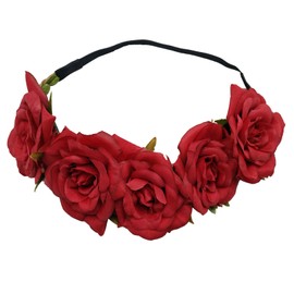 Sanrich Rose Flower Crown Headband for Women Girl, Realistic Fake Flower Floral Hair Crown (red, 1 Count)