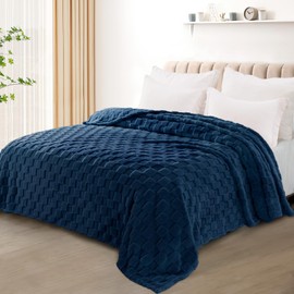Exclusivo Mezcla Queen Size Flannel Fleece Blanket, Super Soft and Warm Lightweight Checkered Pattern Blankets for All Seasons, 90x90 Inches, Navy Blue