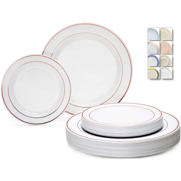 " OCCASIONS" 240 Plates Pack,(120 Guests) Heavyweight Premium Wedding Party Disposable Plastic Plates Set -120 x 10.5'' Dinner + 120 x 7.5'' Salad/Dessert (White & Rose Gold Rim)
