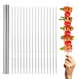 Oak & Steel - 14" Stainless Steel Reusable Barbecue Metal Skewers with Premium Storage Case, 35cm - Flat BBQ Party Grilling Kebab Skewer Sticks with Storage (100)