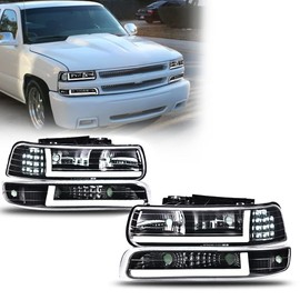 CHEDA LED DRL Headlight Turn Signal Lamp Fit Chevy Silverado 1500/2500 99-02 / Suburban 1500/2500/Tahoe 00-06(Clear lens Black Housing Clear Reflector)