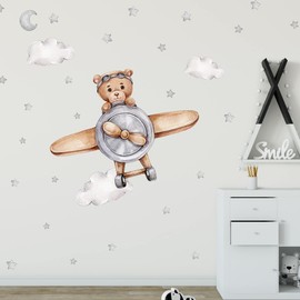 WANDKIND V272 Bear in Flyer Wall Sticker Hand Drawn Nursery Wall Sticker Teddy Bear with Stars Teddy Plane Pilot (60 x 60 cm)