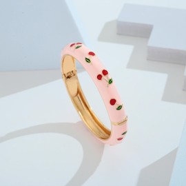 TOVABA Pink Cherry Bangle Bracelet for Women, Gold-Tone Non-Tarnish Enamel Cuff with Red Fruit and Leaf Details, Colourful Fashion Jewellery for Summer, Gifts and Everyday Wear