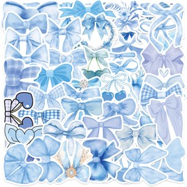 GUBPHK 50 Pcs Bows Stickers,Blue Bow Decal Vintage Aesthetic Stickers,Vinyl Waterproof Blue Bows Sticker for Water Bottle Laptop Phone Journal Gifts for Girl Women