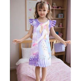 XYBWYY Girls Nightgowns 3-6 Years Flutter Sleeves Nightdress Nightie Dress Sleepwear Pajamas for Little Girls(6T,Light Purple)