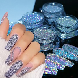 Holographic Nail Glitter Diamond Reflective Nail Powder Glitter Laser Silver Reflective Nail Art Glitter Shiny Pigment Bright Blue Purple Gold Diamond Sequin Design for Women Girls Nail Decorations