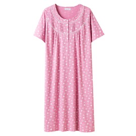 Keyocean Women Nightgowns, Soft Comfy Cotton Lightweight Elegant Short Sleeves Ladies Nightdress for Summer, Love Heart on Prism Pink, Large (L)