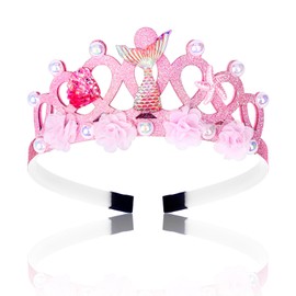 Amariver Mermaid Crown Headband for Girls Adjustable Pink Hair Band Mermaid Tiara Head Band Mermaid Birthday Decorations Glitter Non-slip Headbands for Kids Mermaid Hair Accessories for Girls