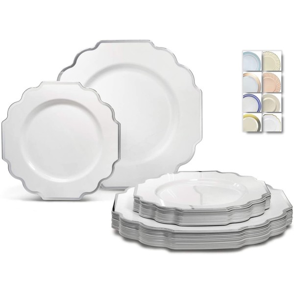 " OCCASIONS " 240 Plates Pack,(120 Guests) Heavyweight Wedding Party Disposable Plastic Plates -120 x 10.5'' Dinner + 120 x 8'' Salad/Dessert Plate (Imperial White and Silver Rim)