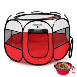 SereneLife Medium Foldable Pet Playpen for Dogs & Cats - Portable 8-Panel Mesh Indoor and Outdoor Pet Tent with Removable Top & Collapsible Bowl, Lightweight Play Space for Small to Medium Pets, Red