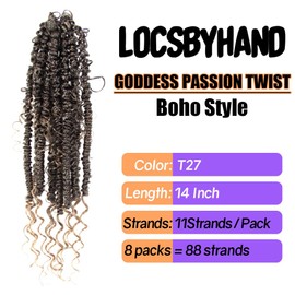Boho Crochet Passion Twist Hair Pre looped, 14 Inch Goddess Passion Twist Crochet Hair with Curly Ends 8 Packs Ombre Honey Blonde Pre-twisted Bohemian Crochet Braids (8 PCS/88 STRANDS, T27)