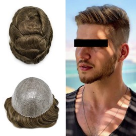 Toupee for Men Hair System Full Poly Mens Toupee Injected PU Mens Hairpieces Soft European Human Hair Units Durable Mens Hair Piece Medium Density 8X10"-120% Density-#540 Medium Light Brown+40% Gray