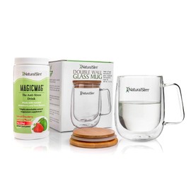 NaturalSlim Double Wall Glass Mug & Magicmag Pure Magnesium Powder - Borosilicate Clear Drinking Cup Insulated Transparent Mugs w/Bamboo Lid 13.5oz. - Strawberry & Lime Flavor Drink 8oz