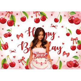 Cherry Birthday Backdrop Coquette Bow Happy Birthday Photography Background Girls Women Fruit Themed Red Cherry Coquette Party Decorations Backdrop (6x4ft(72''x48''))
