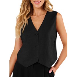 AUTOMET Womens Vests Crop Tank Tops 2024 V Neck Sleeveless Linen Casual Work Suit Fashion Spring Outfits Waistcoat Jacket Black S