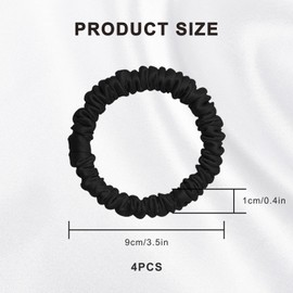 4 PCS Silk Hair Scrunchies, 100% Pure Mulberry Silk 22momme Ponytail Holders Friendly Luxurious Elastic Satin Hair Bands Anti-Crease Anti-Breakage Black Skinny Scrunchies Girls Kids Adult Use