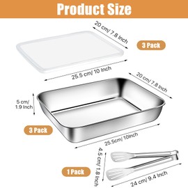 Aemygo 3 Set Stainless Steel Breading Trays Set with Lids, Dust Proof Breading Pans with Tong for Dredging Chicken Breasts，Marinating Meat, Food Prep Trays Oven & Dishwasher Safe